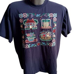 XL Vintage SINGLE STITCH T-Shirt 1990's Cross Stitch Blue Grammy Welcome Graphic